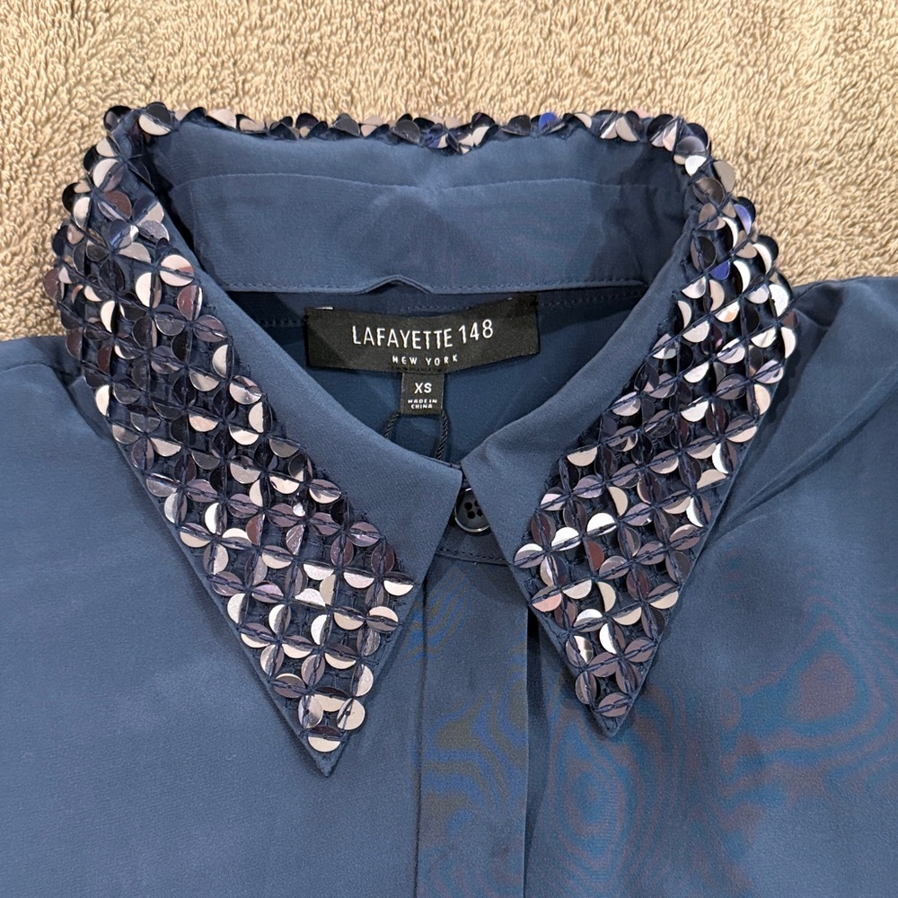 Lafayette 148 New York Midnight Blue Sequin Top - Picture 5 of 6
